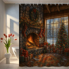 Cozy Christmas Shower Curtain with Fireplace and Tree Design