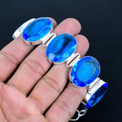London Blue Topaz 925 Sterling Silver Oval Gemstone Jewelry Bracelet 8'' AAB 1181