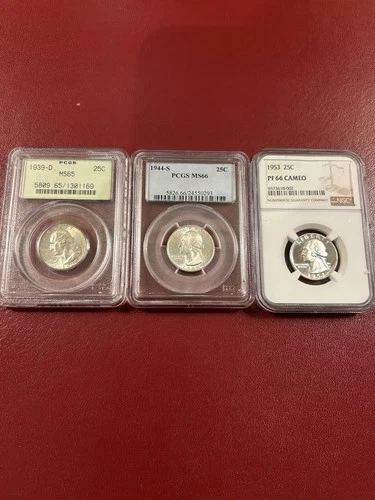 Washington Quarters 1939-D 1944-S 1953 PCGS NGC MS65 MS66 PF66 Silver