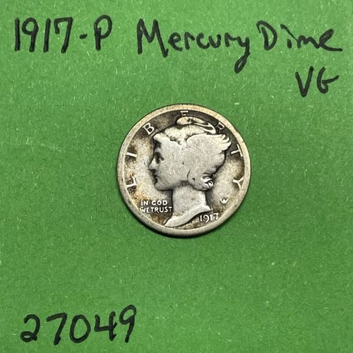 1917-P Mercury Dime 10c Vg Very Good 90% Silver