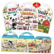 3-Pack Reusable Sticker Books for Toddlers 2-4 Years, Vehicles Truck, Animals