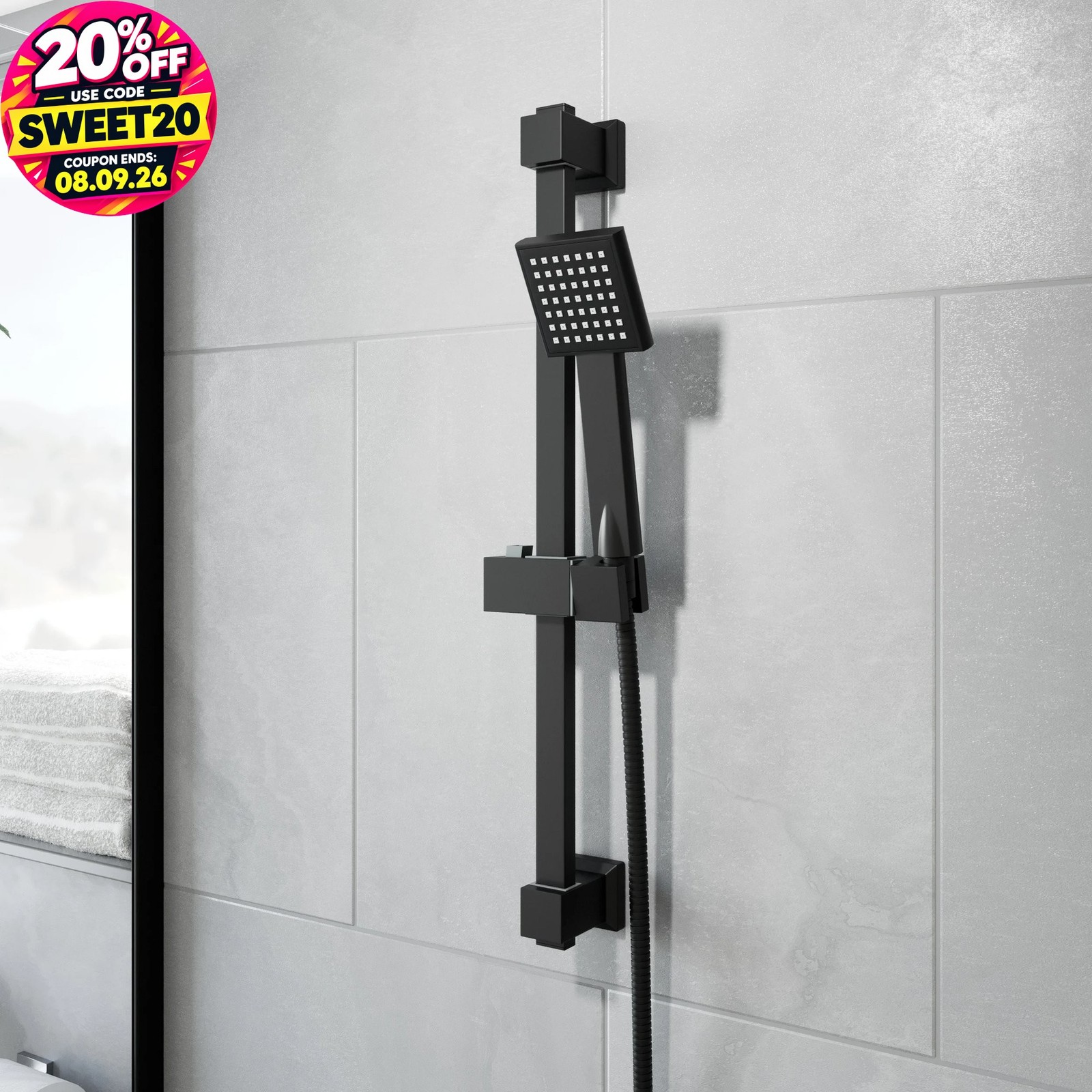 Bathroom Shower Kit Square Single Spray Adjustable Handset Head Riser Rail Black