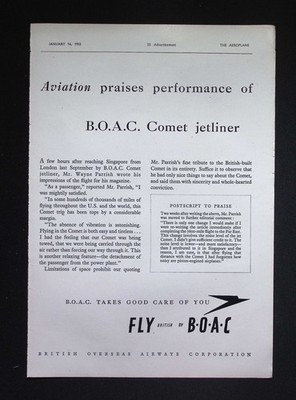 Original 1953 Reklame BOAC Comet Jetliner Aviation Praise