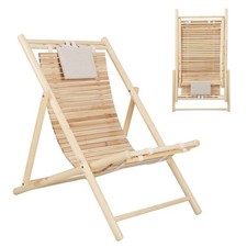 3 Position Wooden Recliner Folding Patio Lounge Chair with Cushion Natural