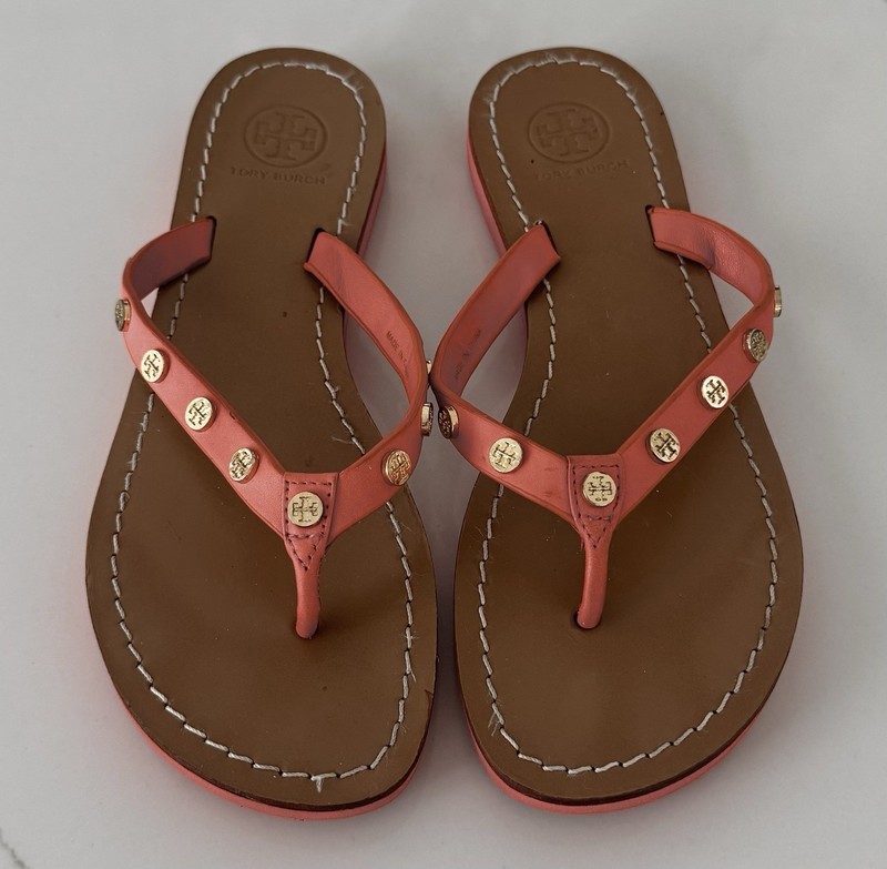 TORY BURCH Women's Size 7 Ricki Flip Flop Veg Leather Poppy Red Orange