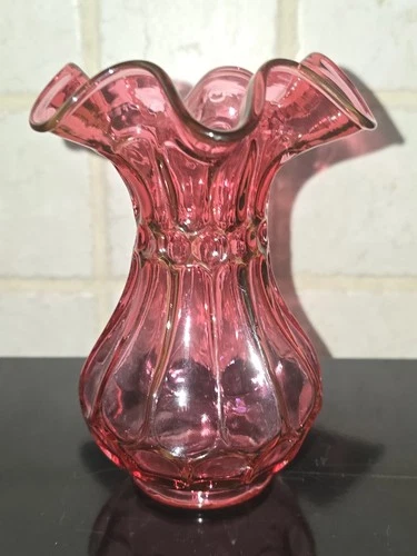Fenton Glass Cranberry Flute & Dot Vase GLOWS