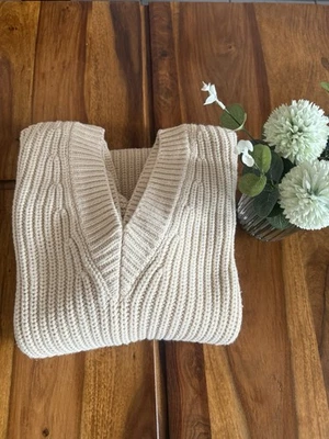 Damen Pullover Strick Zara Langarm V-Ausschnitt Beige/Creme Größe 36/38Neu M - Bild 1 von 4
