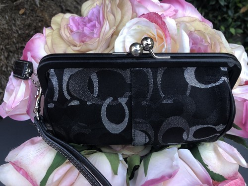 Coach Silver Black Lurex Signature “C” Framed Kiss lock Wristlet Clutch - Picture 2 of 16