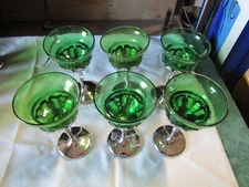 Six Green Glass Farber Bros. Krome-Kraft Stemmed Liquor Cordial Glasses 6" Tall