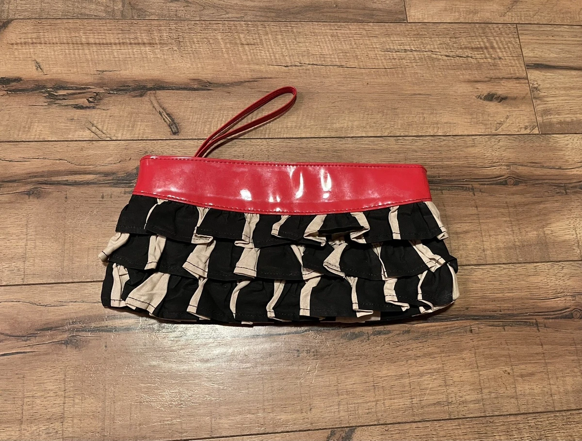 Bag Lady Mudpie Black White Pink Ruffle Clutch Wristlet Purse Bag EUC WOW