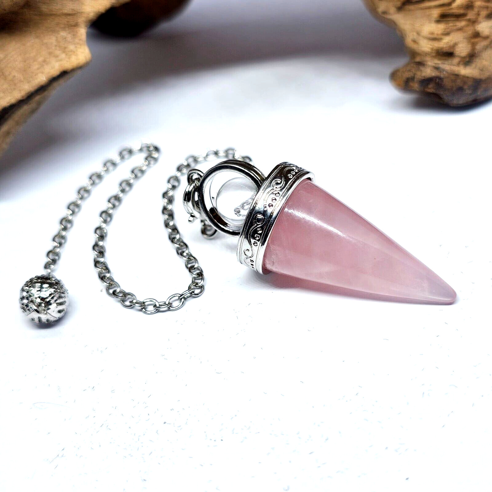 Rose Quartz Cone Pendulum Dowser Dowsing Divination Ball Gemstone & Velvet Bag