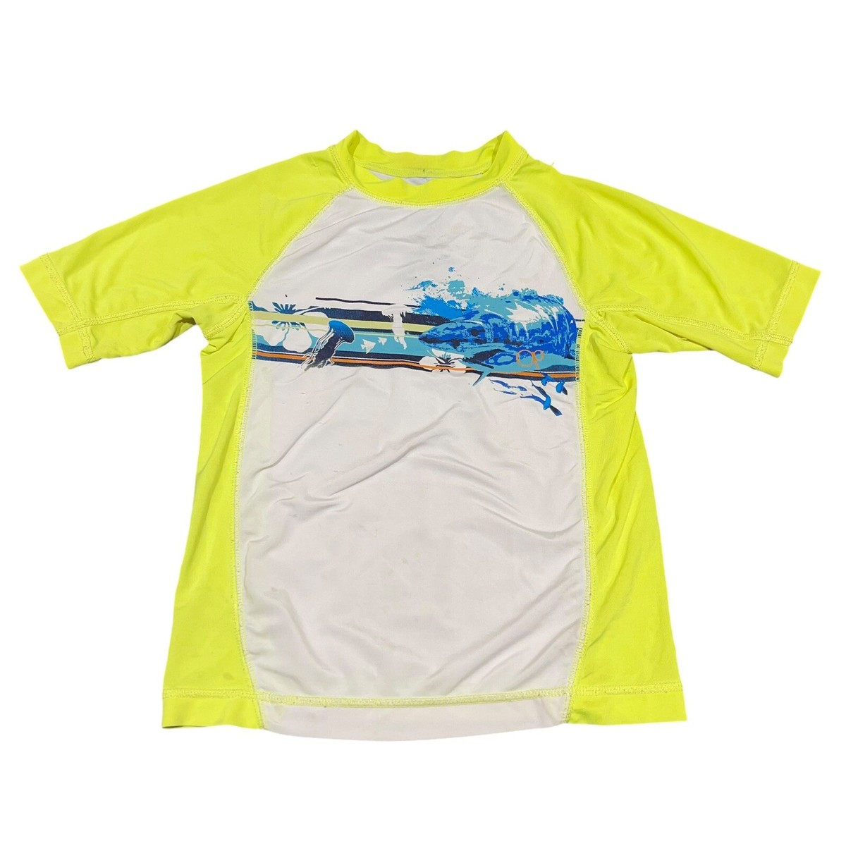 Ocean Pacific Boys Neon Yellow, White, Blue Ocean Rash Guard Swim