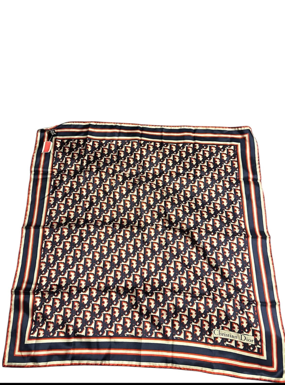 Foulard vintage DIOR Paris rouge/marine soie sergé logo 