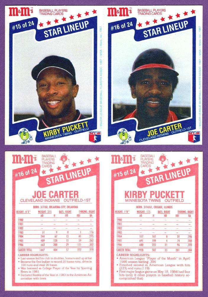 Kirby Puckett & Joe Carter 1987 M&M's Star Lineup 2-Card Panel #15 & #16