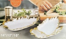 Ceramic Set Of 3 Leaf Shape Serving Plates Snacks Gold Rim Party Gift Luxury UK