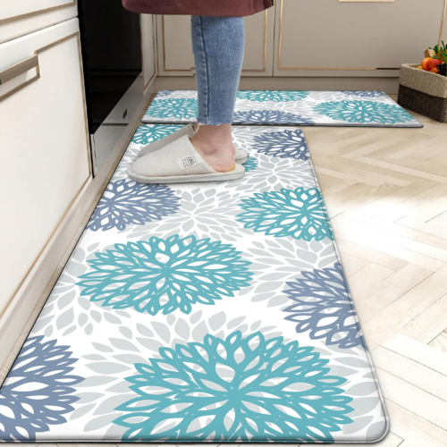 Teal Cushioned Anti-Fatigue Kitchen Mats Set of 2, Non-Slip and Waterproof image