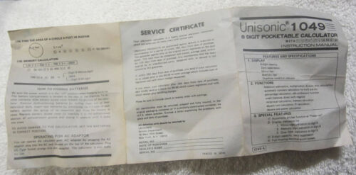 1040 Unisonic 1980s Calculator Model ,instructions sheet manual,8 digit VTG