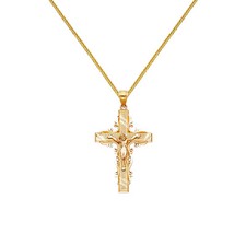 Genuine 14k Yellow Gold 1.33" Fancy Crucifix Cross Pendant Necklace 16" to 22"