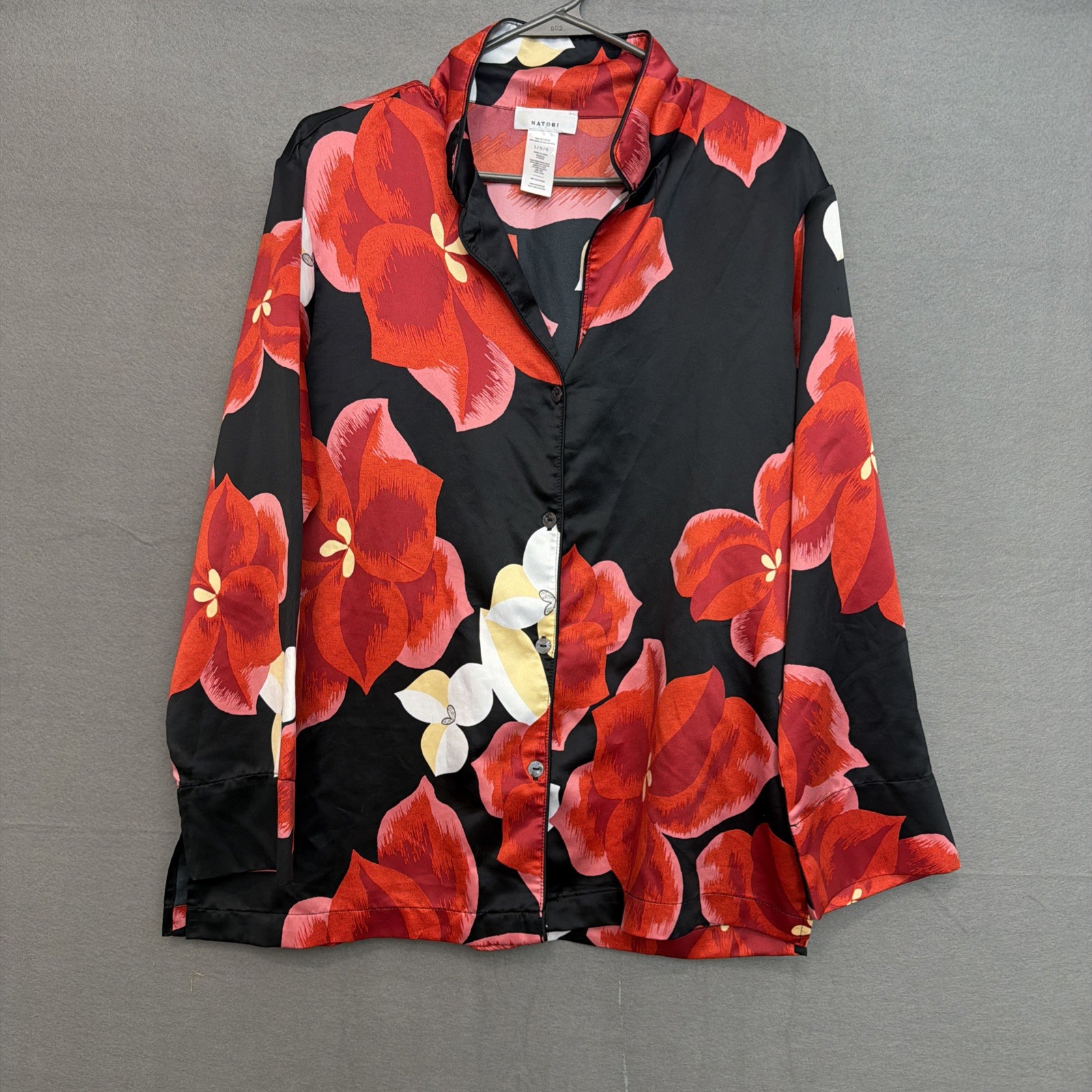 Natori Pajama  Satin Top Black Floral  Womens Size L.. -LUSTROUS FEEL