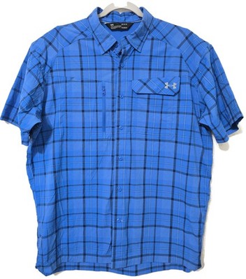 Under Armour Shirt Mens Large Blue Plaid Short Sleeve Button Front HeatGear