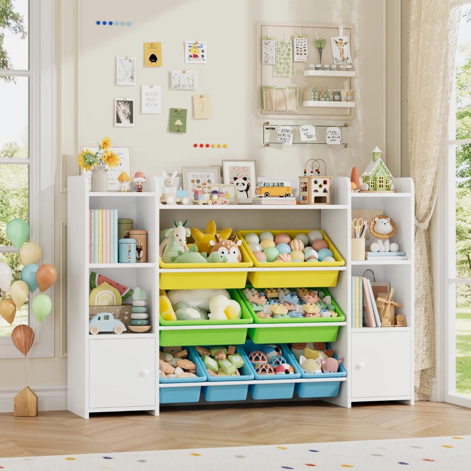 Kids Cube Bookcase With 8 Bins 2 Doors Toy And Book Storage Organizer White