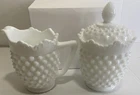 Antique 1930s Fenton Depression Milk Glass Hobnail Creamer & Sugar Set With Lid
