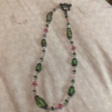 Handcrafted Glass Beaded Necklace Green Pink Oval Stones Toggle Closure