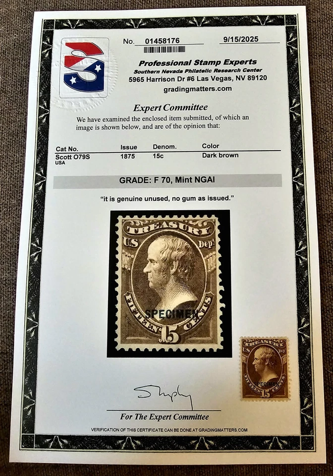 US STAMP TREASUREY 15c 1875, SC#O79S PSE GRADED F-70 MNG AI 2025 SPECIFICATION. - Image 2 of 3