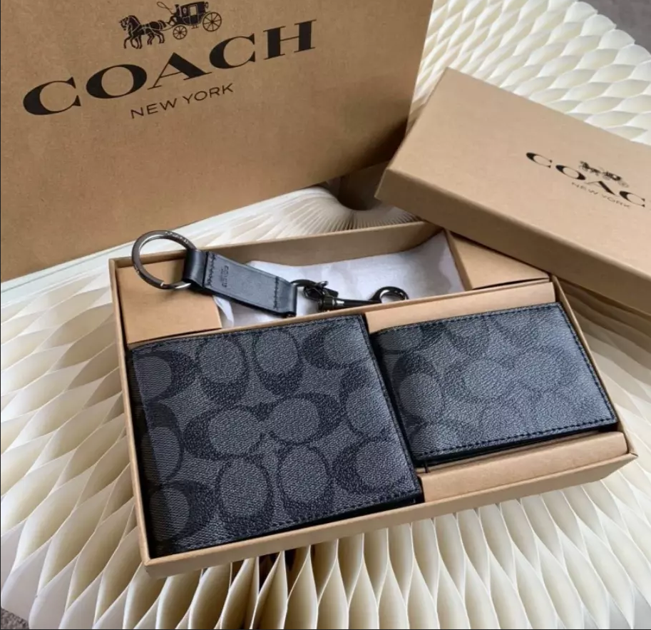 COACH Logo NY MEN'S 3 IN 1 WALLET BOXED GIFT SET IN SIGNATURE