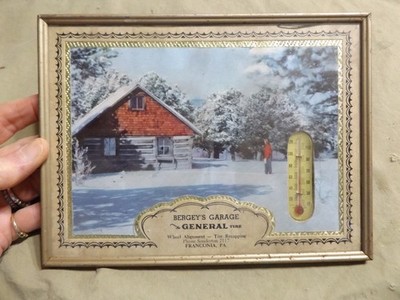 Vintage 1952 Metal Picture Frame Thermometer Advertising BERGEY'S GARAGE - TIRE