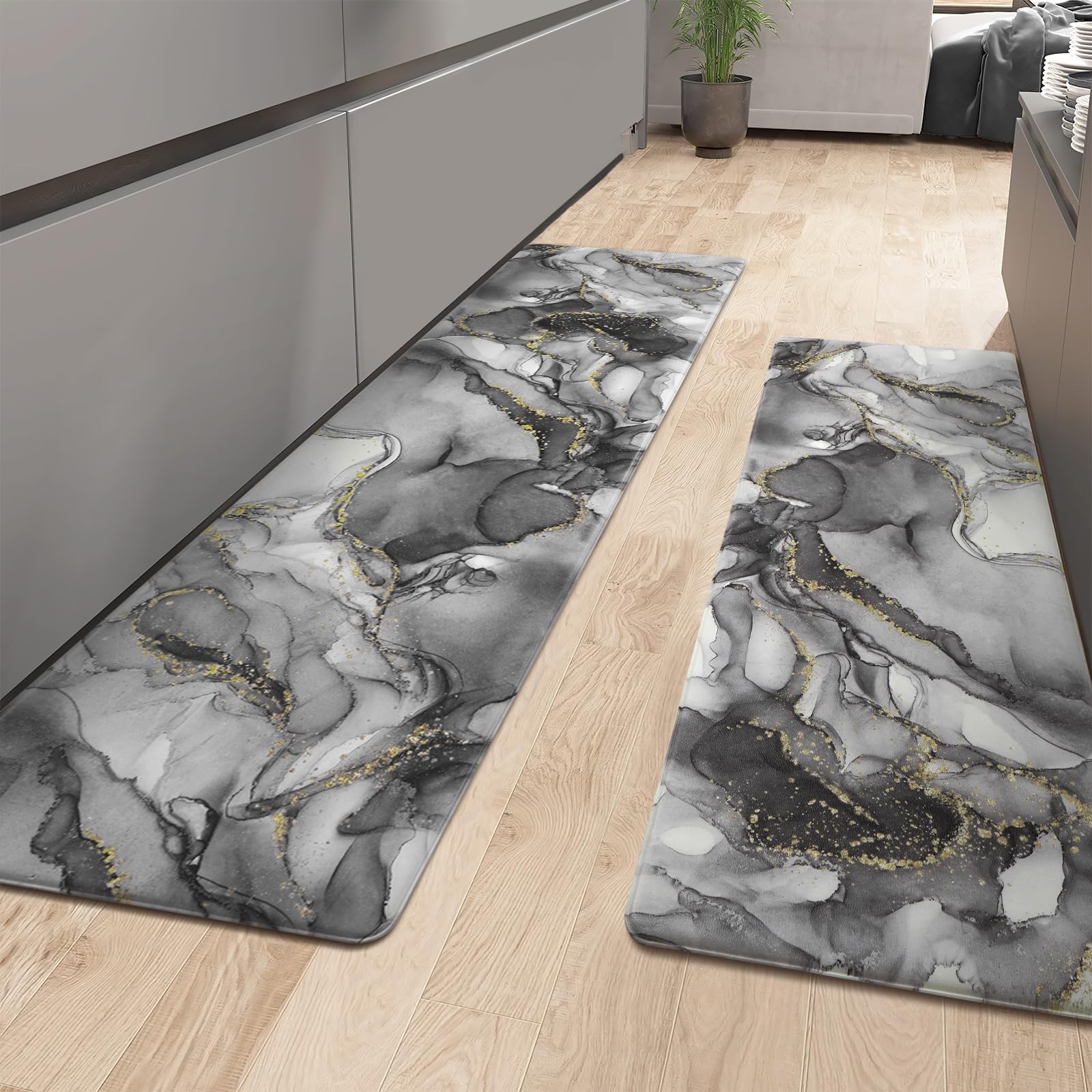 Modern Gray & White Marble Kitchen Floor Mat Set - 2 Piece Non-Slip Rugs