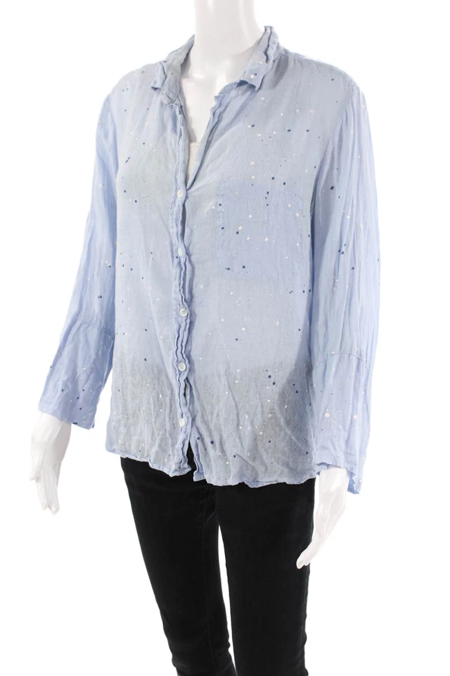 Blusa Bella Dahl Mujer Lino Cuello Estampado Manchado Abotonada Azul Talla M Foto 2 de 4