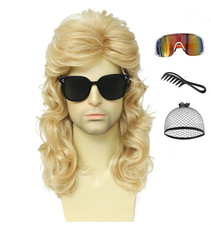 Men'S 80S Curly Mullet Wig Set, Retro Rocker Costume for Halloween Party & Cospl