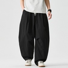 Men Loose Casual Cargo Pants Lace Up Elastic Waist Straight Wide Leg Trousers