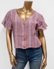 Vanilla Star Junior's Red Multi Striped Button Front Flutter Sleeve Top Size L