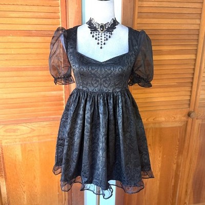 Dolls Kill Gothic Lolita Victorian Dark Bidding Black Brocade Mini Dress L