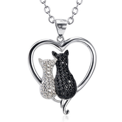 KX Katze 2 Katzen Paar weiß schwarz Kristall Anhänger Kette 925 Sterling Silber