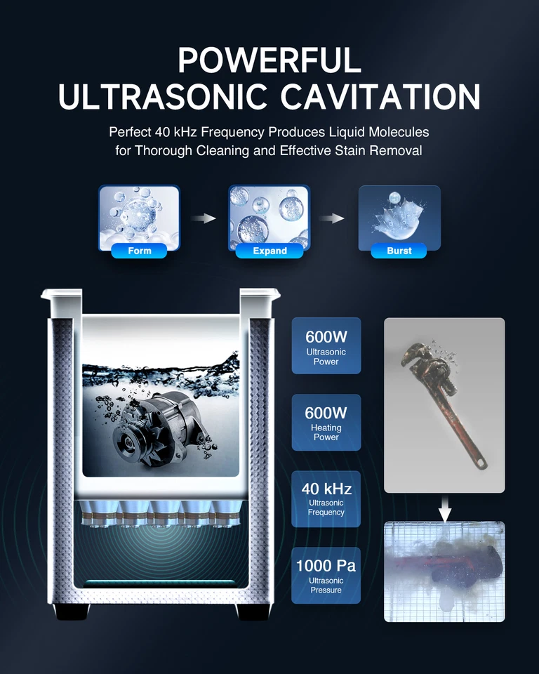 Máquina Limpiador Ultrasónico CREWORKS 30L con Temporizador de Potencia 600W Calentador 600W Foto 3 de 4