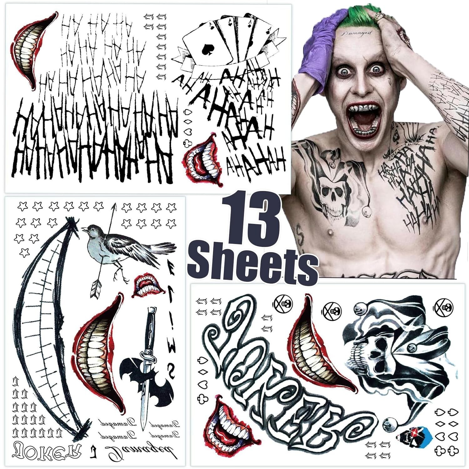 Joker Tattoos 13 Sheets,Halloween Temporary Tattoos for Men,Suicide Squad Fake T