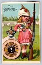 1800s J&P Coats Best Six Cord Thread Victorian Trade Card Girl with Gun Champion
