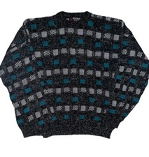 SCANDIA MENS Sz XL VTG SWEATER Gray WHITE BLACK GREY Teal Checkered MADE IN USA