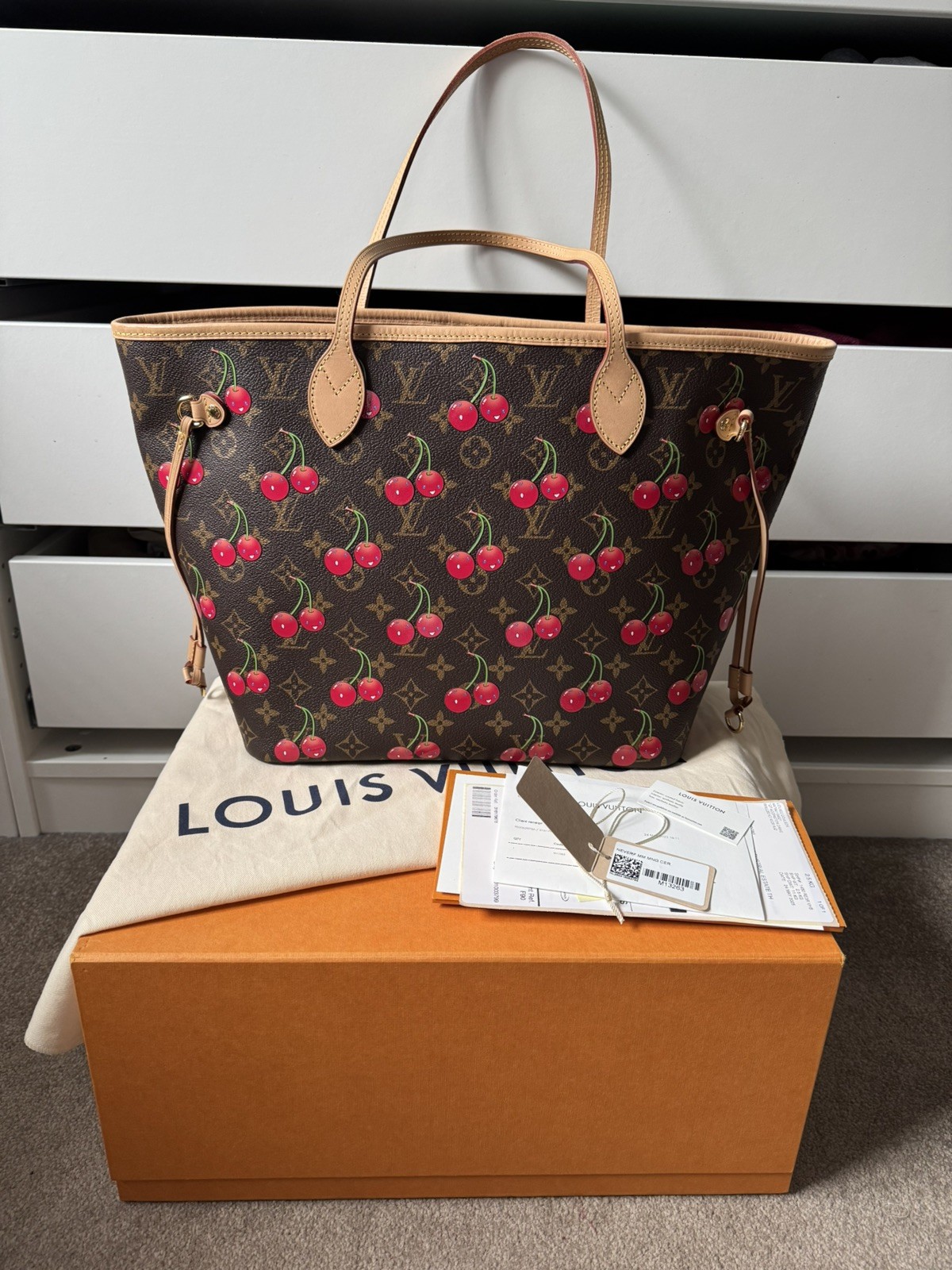 LOUIS VUITTON Monogram LV x TM Neverfull MM Cherry Tote Bag Murakami ๐