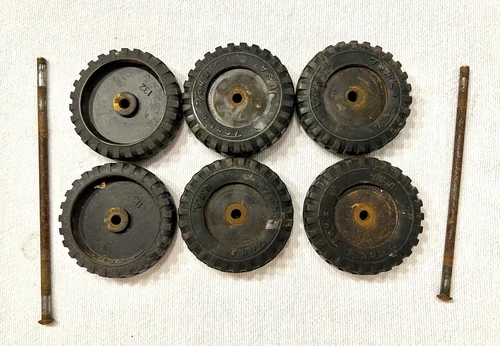 (6) 1950's/1960's Tonka Rubber Script Wheels w/ Dually Axle Original Parts