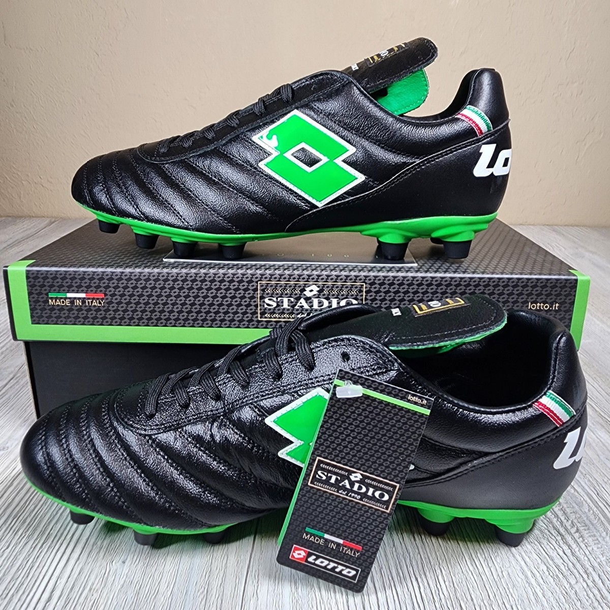 Lotto Stadio OG II FG Soccer Black/Green Mens Sizes 6.5-12 New