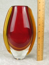 Murano Glass Vase Red Amber Clear Mid Century Modern Italy 8-1/2in Tall