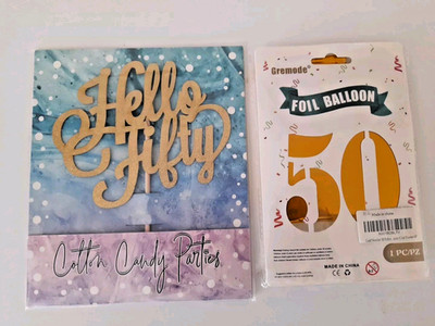 Cotton Candy Hello 50 Tortenaufleger plus 40'' Gold 50 Luftballons