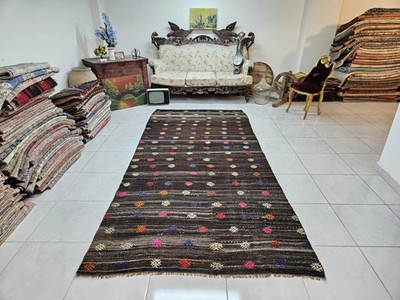Handwoven Vintage Wool Kilim Rug, Dark Brown Multicolor Boho Decor (4.9 x 10.4