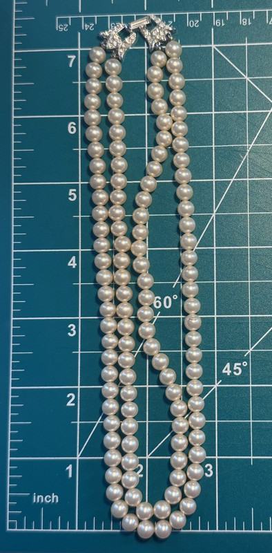 Trifari Signed Double Strand Faux Pearl Necklace Rhinestone Box Clasp 18in