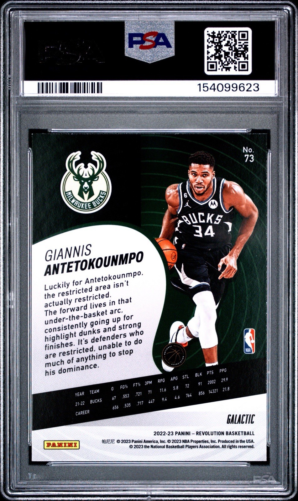 2022-23 Panini Revolution Giannis Antetokounmpo #73 Galactic PSA 8 SSP Bucks view 2