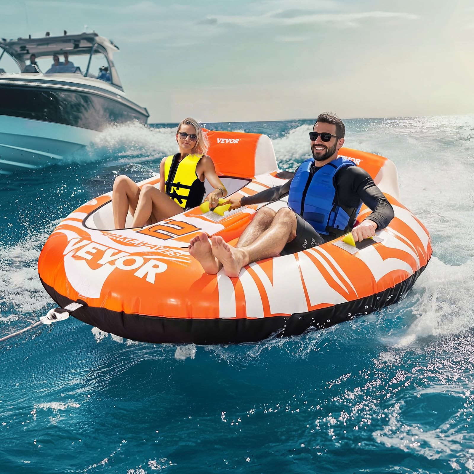 2 Rider Orange Towable Tube Water Flotation Device For Thrilling Boating Fun